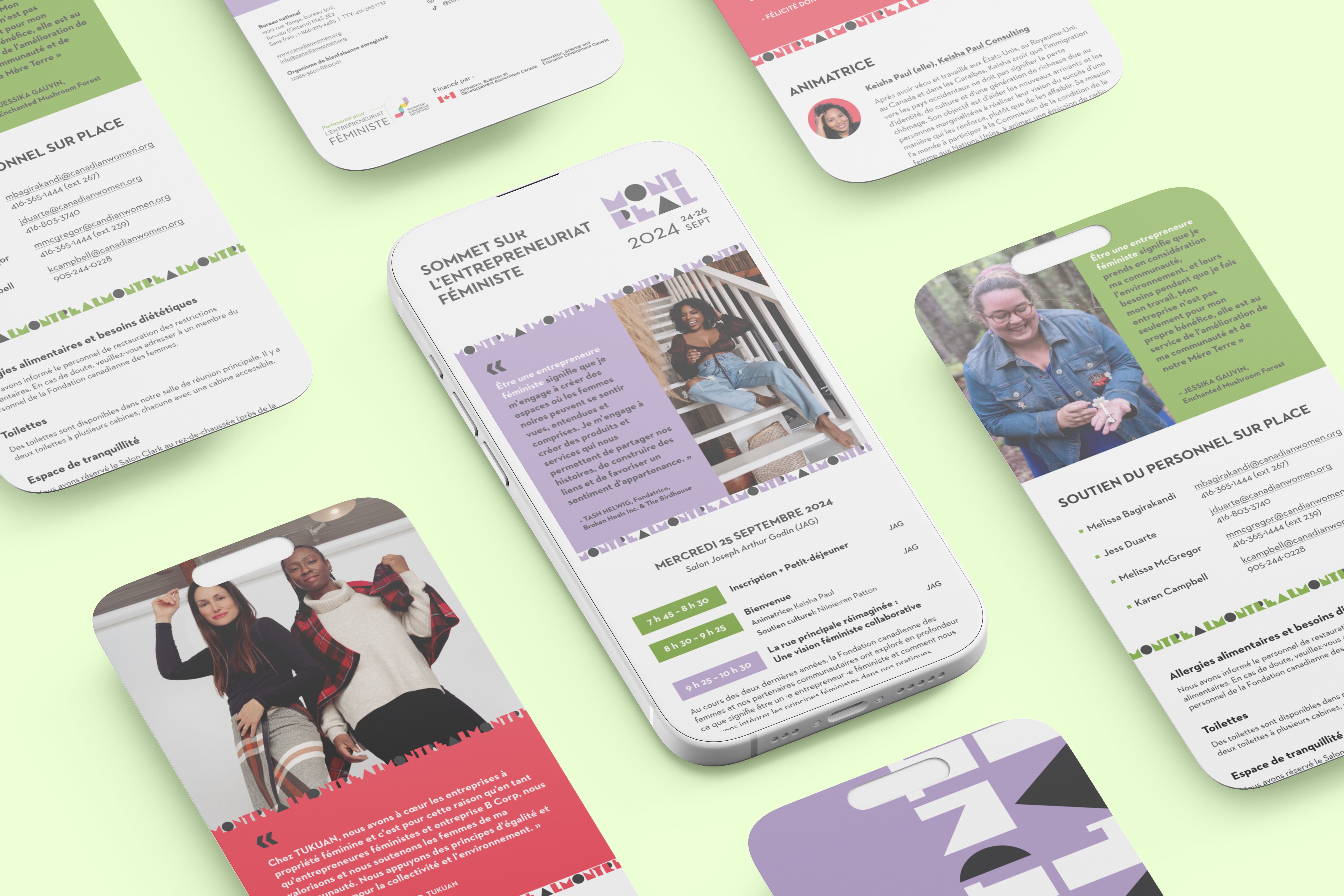 Multiple digital brochures and cards laid out in a flat-lay style. They display information in both French and English, featuring images of people and event details for the Feminist Business Summit 2024 in Montreal. The designs incorporate clean typography, soft pastel backgrounds, and rounded corners on the cards.